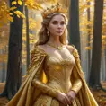 A majestic queen with a crown of golden leaves, her dress woven from the threads of sunlight, presiding over a court in a forest where the trees whisper secrets.