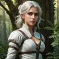 Ciri, the witcher's apprentice, navigating a fantastical, overgrown forest, her senses heightened and her movements graceful. Lush, detailed, and cinematic.