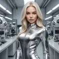 Polaris in a sleek silver jumpsuit, her long blonde hair styled in a futuristic bob, standing in a high-tech laboratory