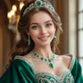 A radiant princess with skin like porcelain and eyes the color of emeralds, her gown a masterpiece of intricate embroidery and delicate lace, her gentle smile reflecting the warmth of her heart.