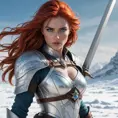 A beautiful woman, reminiscent of Ciri, with fiery red hair and piercing blue eyes, wielding a silver sword, her expression fierce and determined, standing on a snow-covered battlefield