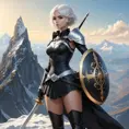 2B with a sword and shield, standing victorious on a mountain peak