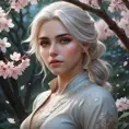 Ciri in a serene, moonlit garden, cherry blossoms falling around her, her face serene, a soft, mystical mist enveloping the scene