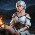 Ciri from The Witcher 3 in a tranquil moment, sitting by a campfire, her white hair softly illuminated by the flames, with a serene, starry night sky above her.