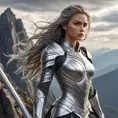 A fierce and fearless warrior in a silver leather armor set and wielding a sword stands atop a mountain peak, the wind whipping her hair and her eyes fixed on the horizon.