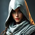 A beautiful Kassandra wearing a white hood in full Assassin's Creed style