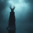 The frightening La Yorona with black eyes on her shoulder stands in a dark lake. Mist. Rain.