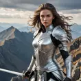 A fierce and fearless warrior in a silver leather armor set and wielding a sword stands atop a mountain peak, the wind whipping her hair and her eyes fixed on the horizon.