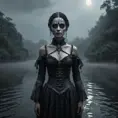 The frightening La Yorona with black eyes on her shoulder stands in a dark lake. Mist. Rain.