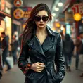 A stunning and enigmatic woman in a black leather trench coat and sunglasses walks through a crowded street market, her eyes hidden behind her mask and her presence commanding attention.