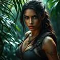 Alluring full body portrait of a beautiful Lara Croft in the jungle getting ready for battle