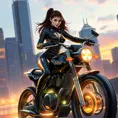 A futuristic biker chick in a sleek black leather jumpsuit rides a neon-lit motorcycle through a cityscape at dusk, the skyscrapers towering above her.