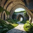 Arc hallway for secret overwatch habitation quarters carved inside a cave surrounding a lush garden