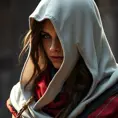 A beautiful Kassandra wearing a white hood in full Assassin's Creed style