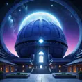 Cosmic round beautiful indigo temple in the center of a futuristic community. Extraterrestrial landscape. Planet sirius. The moon and stars can be seen in the sky even during the day.