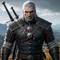 A full body matte portrait of Geralt in The Witcher 3 grey and red style wearing the Witcher medallion