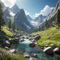 Lake in mountains streams and rivers flow down slopes of mountains and rocks into the valley spring in mountains