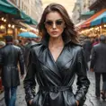 A stunning and enigmatic woman in a black leather trench coat and sunglasses walks through a crowded street market, her eyes hidden behind her mask and her presence commanding attention.