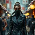 A stunning and enigmatic woman in a black leather trench coat and sunglasses walks through a crowded street market, her eyes hidden behind her mask and her presence commanding attention.