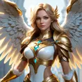 Alluring portrait of an angelic winged Kayle from League of Legends