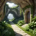 Arc hallway for secret overwatch habitation quarters carved inside a cave surrounding a lush garden