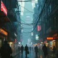 An amateur photo of a future cyberpunk world filled with activity and detail, conveying a sense of desperation and uncertainty