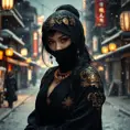 A mysterious beautiful black and gold kunoichi ninja wearing eyeliner and jewelery in the streets of a dark snowy town in tokyo, fluid motion