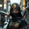 A mysterious beautiful black and gold kunoichi ninja wearing eyeliner and jewelery in the streets of a dark snowy town in tokyo, fluid motion