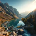 Lake in mountains streams and rivers flow down slopes of mountains and rocks into the valley spring in mountains