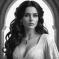 Alluring black and white matte portrait of a beautiful Yennefer with a white background in a white dress