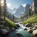 Lake in mountains streams and rivers flow down slopes of mountains and rocks into the valley spring in mountains