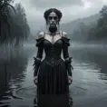 The frightening La Yorona with black eyes on her shoulder stands in a dark lake. Mist. Rain.