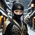 A mysterious beautiful black and gold kunoichi ninja wearing eyeliner and jewelery in the streets of a dark snowy town in tokyo, fluid motion