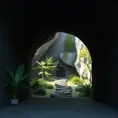 Arc hallway for secret overwatch habitation quarters carved inside a cave surrounding a lush garden