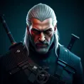 A full body matte portrait of Geralt in The Witcher 3 grey and red style wearing the Witcher medallion