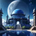 Cosmic round beautiful indigo temple in the center of a futuristic community. Extraterrestrial landscape. Planet sirius. The moon and stars can be seen in the sky even during the day.