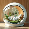 Futuristic sleeping relax pod, transparent orb, plants, natural daytime lighting, natural wooden environment, flat design, product-view