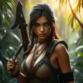 Alluring full body portrait of a beautiful Lara Croft in the jungle getting ready for battle