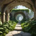 Arc hallway for secret overwatch habitation quarters carved inside a cave surrounding a lush garden