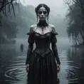 The frightening La Yorona with black eyes on her shoulder stands in a dark lake. Mist. Rain.