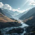 Lake in mountains streams and rivers flow down slopes of mountains and rocks into the valley spring in mountains