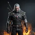 A full body matte portrait of Geralt in The Witcher 3 grey and red style wearing the Witcher medallion