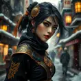 A mysterious beautiful black and gold kunoichi ninja wearing eyeliner and jewelery in the streets of a dark snowy town in tokyo, fluid motion