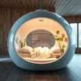 Futuristic sleeping relax pod, transparent orb, plants, natural daytime lighting, natural wooden environment, flat design, product-view