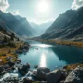 Lake in mountains streams and rivers flow down slopes of mountains and rocks into the valley spring in mountains