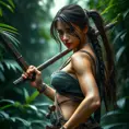 Alluring full body portrait of a beautiful Lara Croft in the jungle getting ready for battle