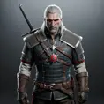 A full body matte portrait of Geralt in The Witcher 3 grey and red style wearing the Witcher medallion