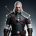 A full body matte portrait of Geralt in The Witcher 3 grey and red style wearing the Witcher medallion