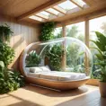 Futuristic sleeping relax pod, transparent orb, plants, natural daytime lighting, natural wooden environment, flat design, product-view