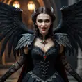 A beautiful winged romanian vampire woman with fangs, red eyes